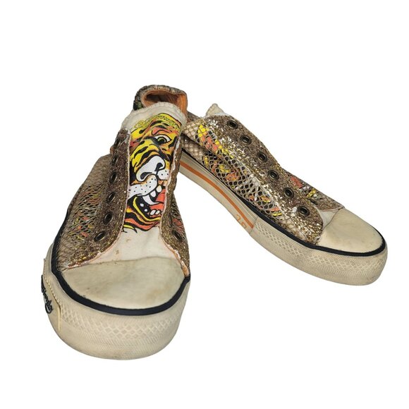Ed Hardy vintage Women's Gold Snake Print Tiger Slip-On Shoe sneakers Size 8 US - Picture 6 of 10